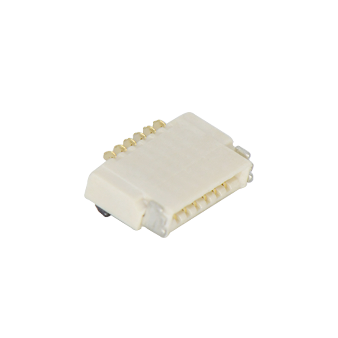 Pitch 0.50mm 90°H1.00mm 卧贴双面接后掀盖 SMT型 FPC 06pin 本色 镀半金接触点及焊接脚点1u，镍底35-60u.